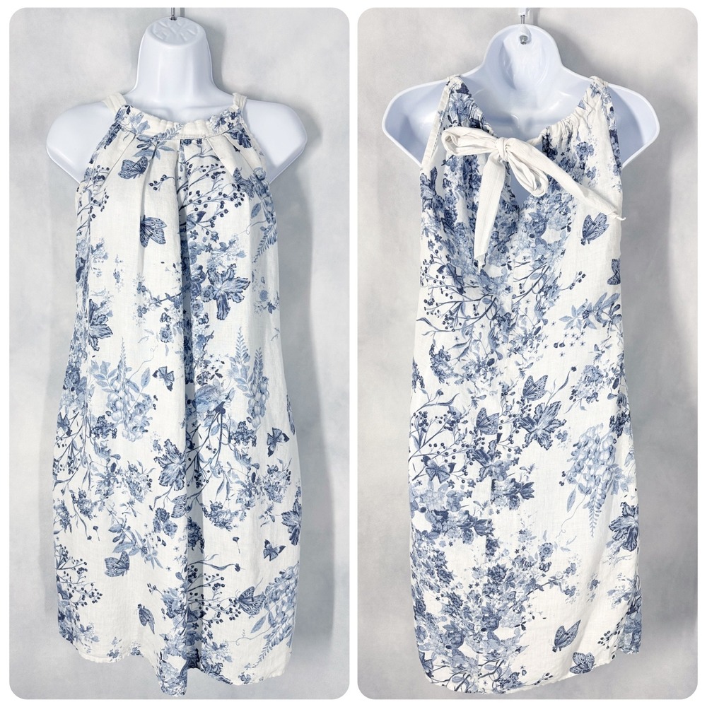 Bellambra Linen Sleeveless Floral Blue Dress Women's Size Small